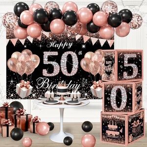 50th Birthday Decorations Rose Gold Set Balloon Arch & Number Boxes Brand New